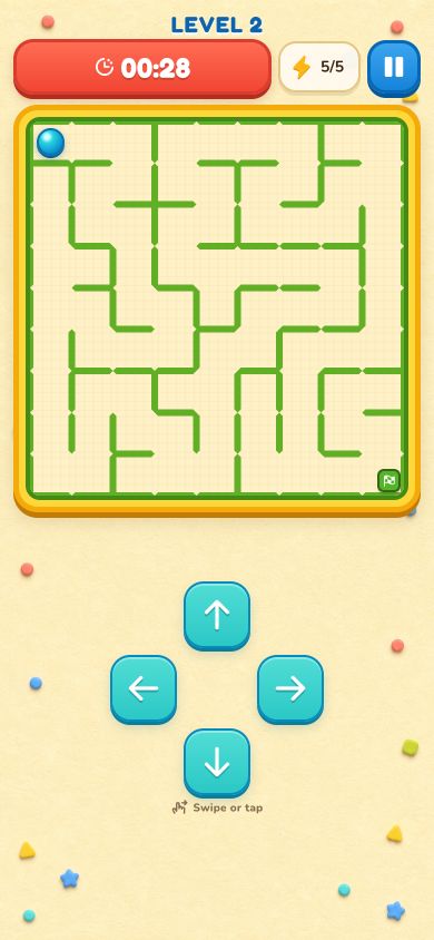 Maze Trekker timed maze gameplay with aqua directional controls