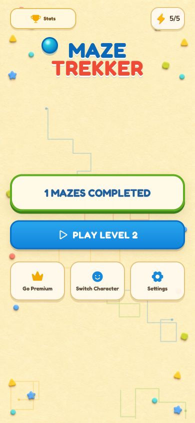 Maze Trekker home screen with play, stats, character, and settings controls