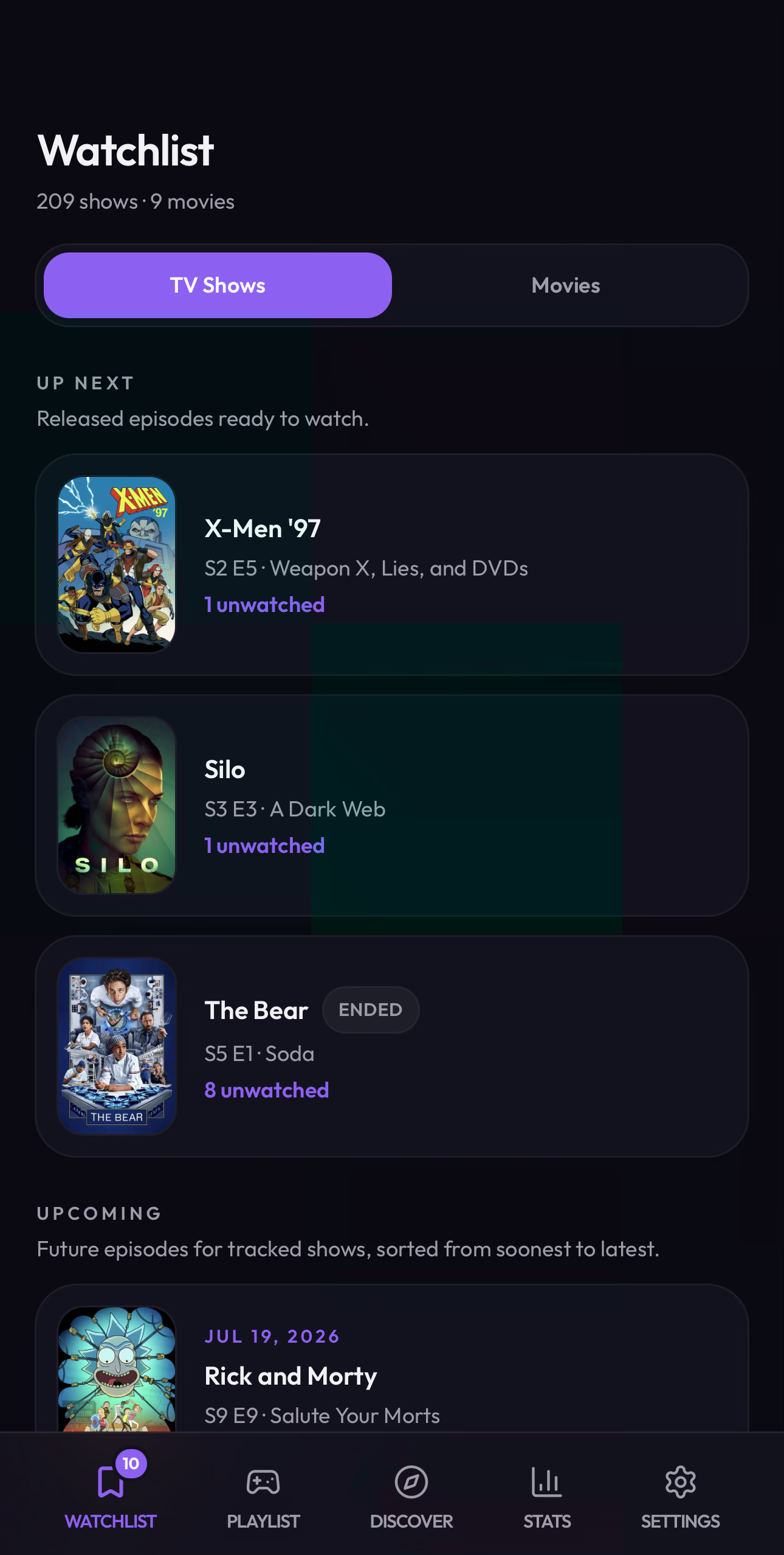 Purplecast watchlist screen with entertainment tracking tools