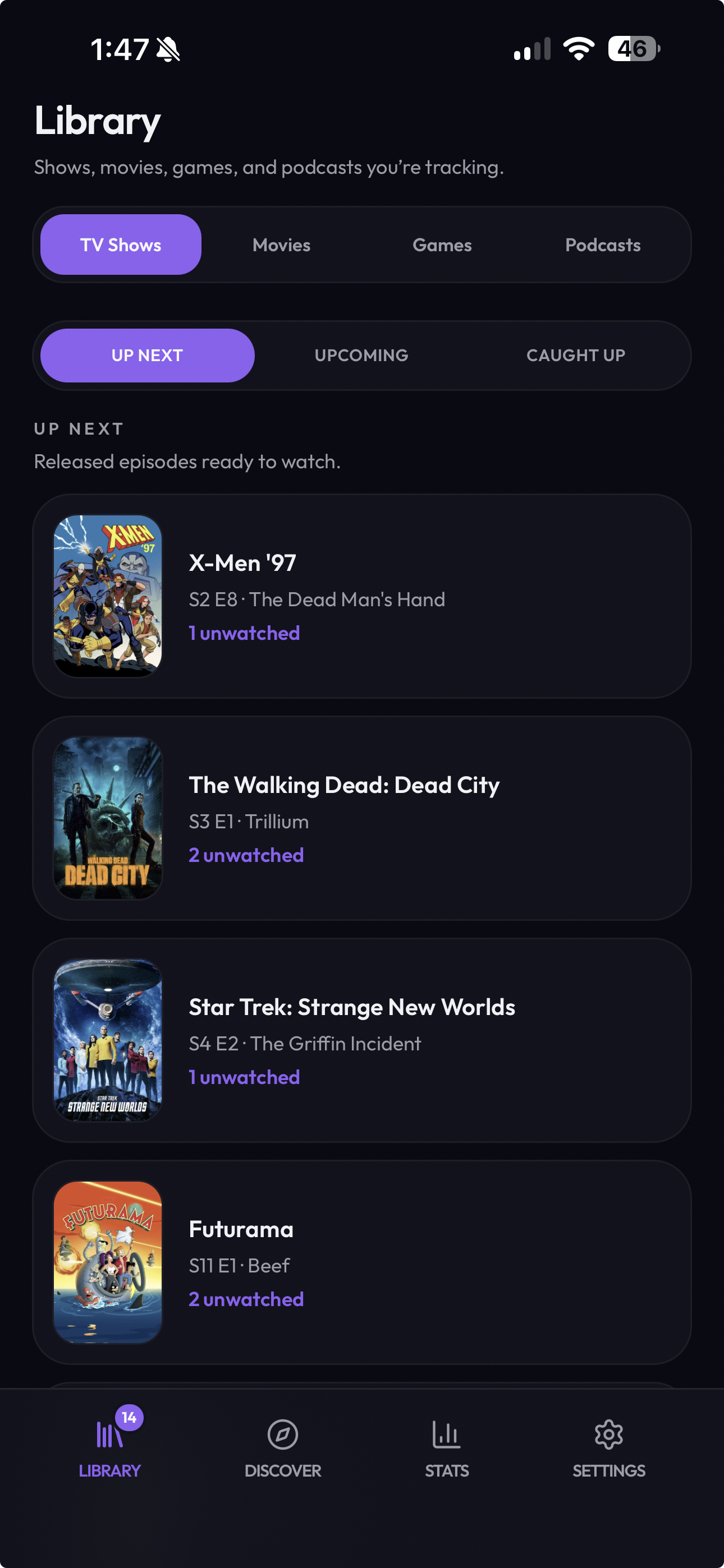 Purplecast watchlist screen with entertainment tracking tools