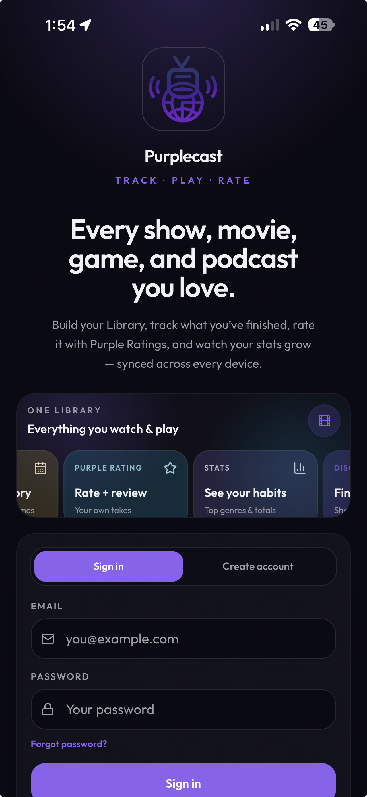 Purplecast screen showing a personal entertainment library
