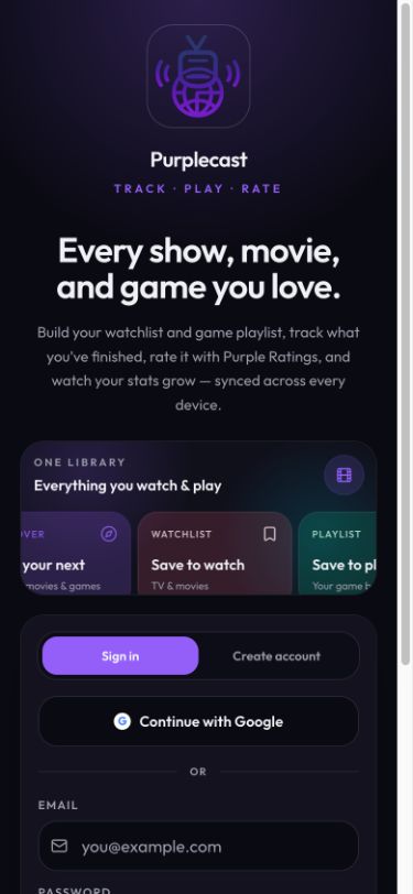 Purplecast screen showing a personal entertainment library